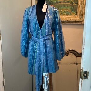 Gorgeous new Btfl -Life All over blue pattern sequin Wrap mini dress w sash mint